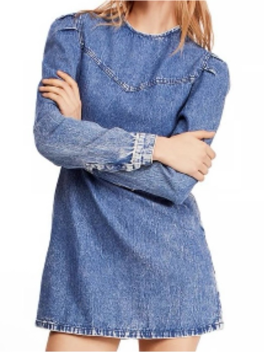 NWT Free People Self Control Puff Sleeve Indigo Blue Denim Mini Dress Size 0